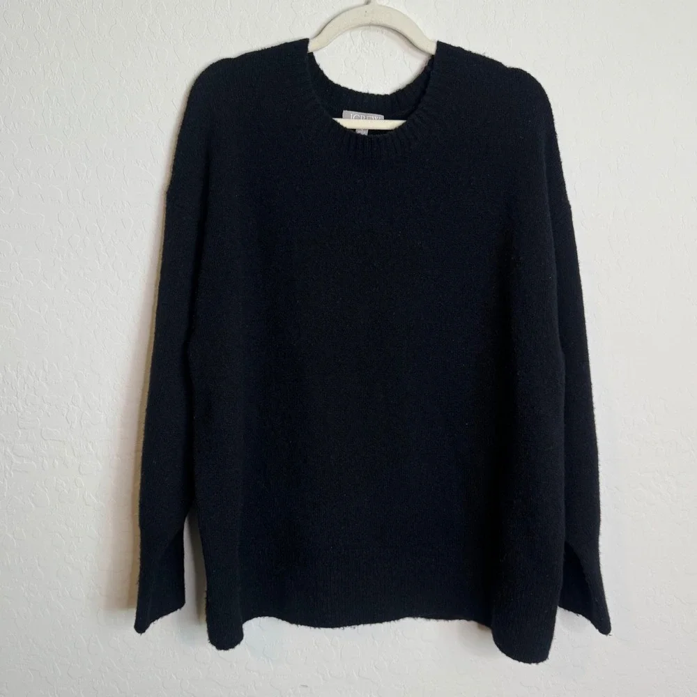 J.Crew Womens Black Merino Wool Alpaca Blend Crewneck Oversized Sweater M Soft